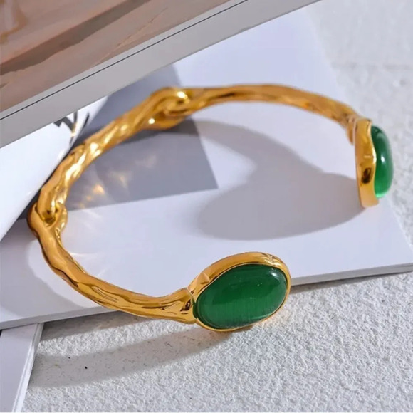 Selena Green Cat Eye Agate 18K Gold Stainless Steel Waterproof Cuff Bracelet - Picture 8 of 17